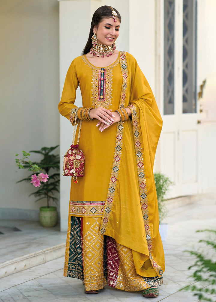 Buy Now Blooming Chinon Yellow Embroidered Wedding Wear Palazzo Suit Online in USA, UK, Canada, Germany, Australia & Worldwide at Empress Clothing.