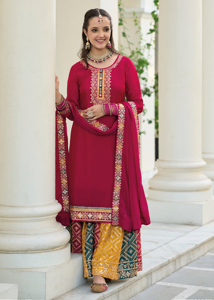 Buy Now Blooming Chinon Pink Embroidered Wedding Wear Palazzo Suit Online in USA, UK, Canada, Germany, Australia & Worldwide at Empress Clothing. 