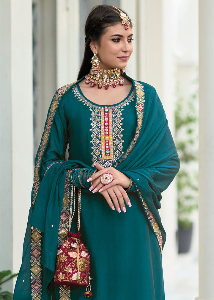 Blooming Chinon Teal Green Embroidered Wedding Wear Palazzo Suit