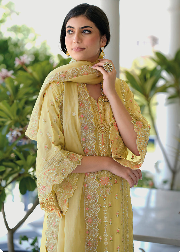 Buy Now Light Yellow Soft Organza Embroidered Pant Style Salwar Suit Online in USA, UK, Canada, Germany, Australia & Worldwide at Empress Clothing. 