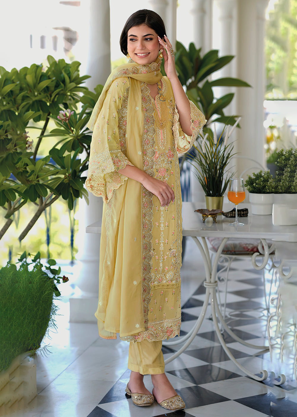 Buy Now Light Yellow Soft Organza Embroidered Pant Style Salwar Suit Online in USA, UK, Canada, Germany, Australia & Worldwide at Empress Clothing. 