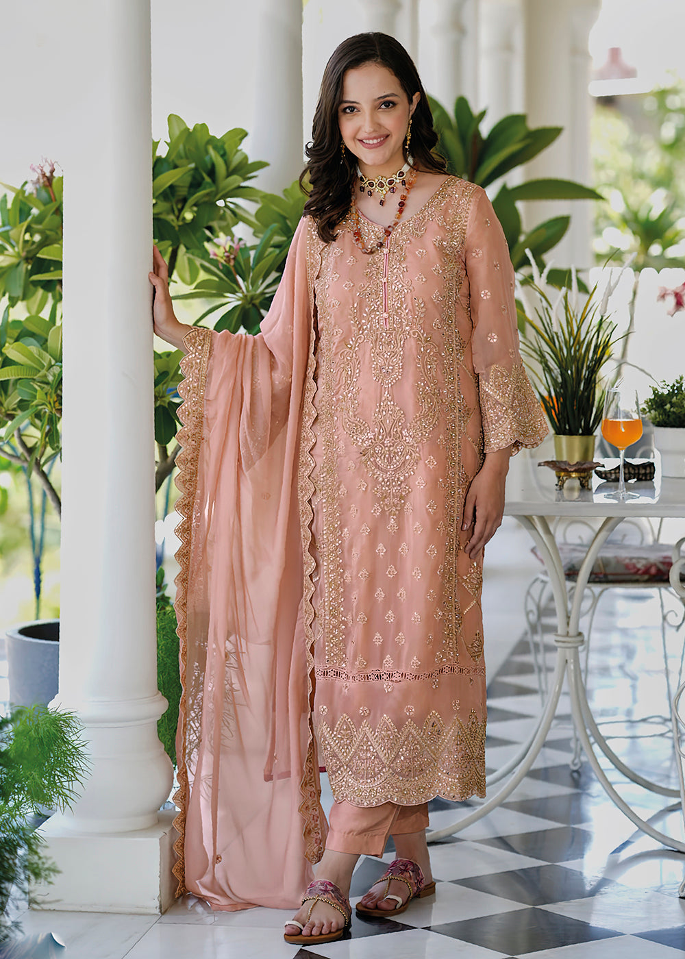 Buy Now Pastel Peach Soft Organza Embroidered Pant Style Salwar Suit Online in USA, UK, Canada, Germany, Australia & Worldwide at Empress Clothing