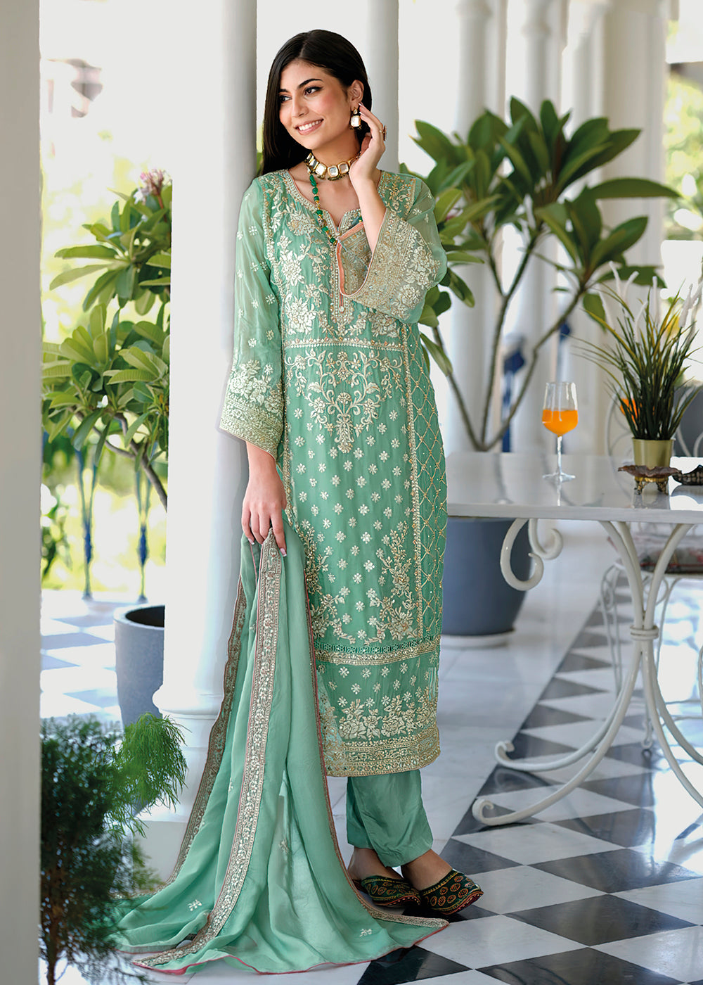 Buy Now Aqua Green Soft Organza Embroidered Pant Style Salwar Suit Online in USA, UK, Canada, Germany, Australia & Worldwide at Empress Clothing.