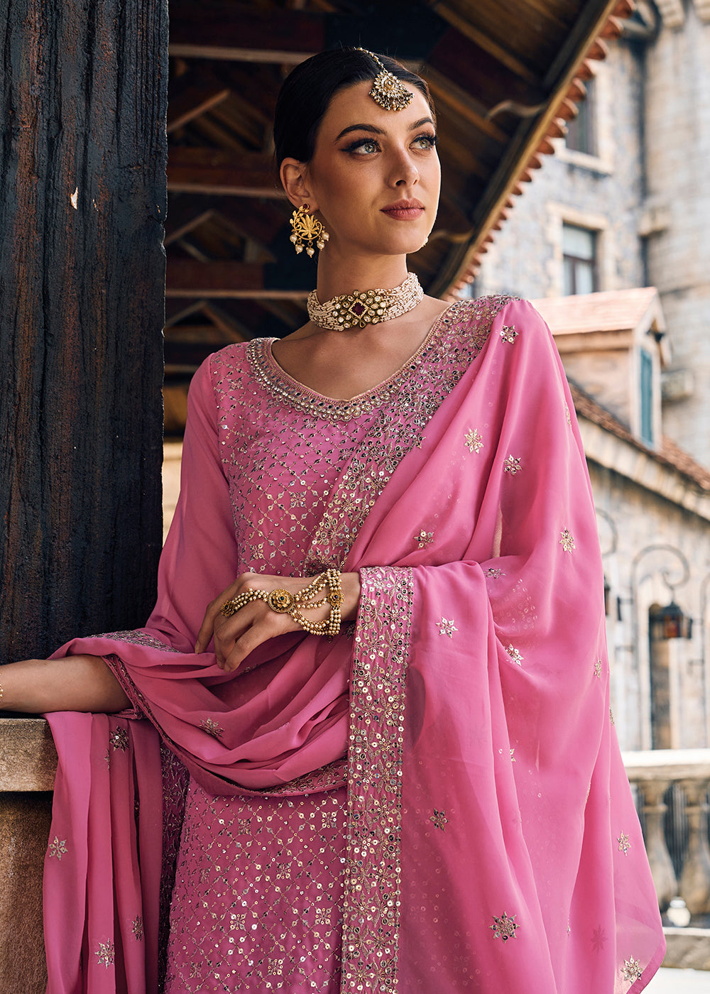 Buy Now Punjabi Style Pink Embroidered Designer Palazzo Suit Online in USA, UK, Canada, Germany, Australia & Worldwide at Empress Clothing. 