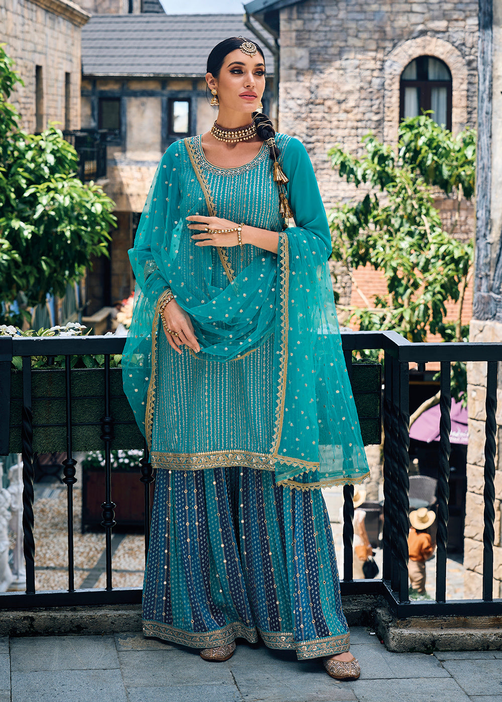 Buy Now Punjabi Style Turquoise Embroidered Designer Palazzo Suit Online in USA, UK, Canada, Germany, Australia & Worldwide at Empress Clothing.