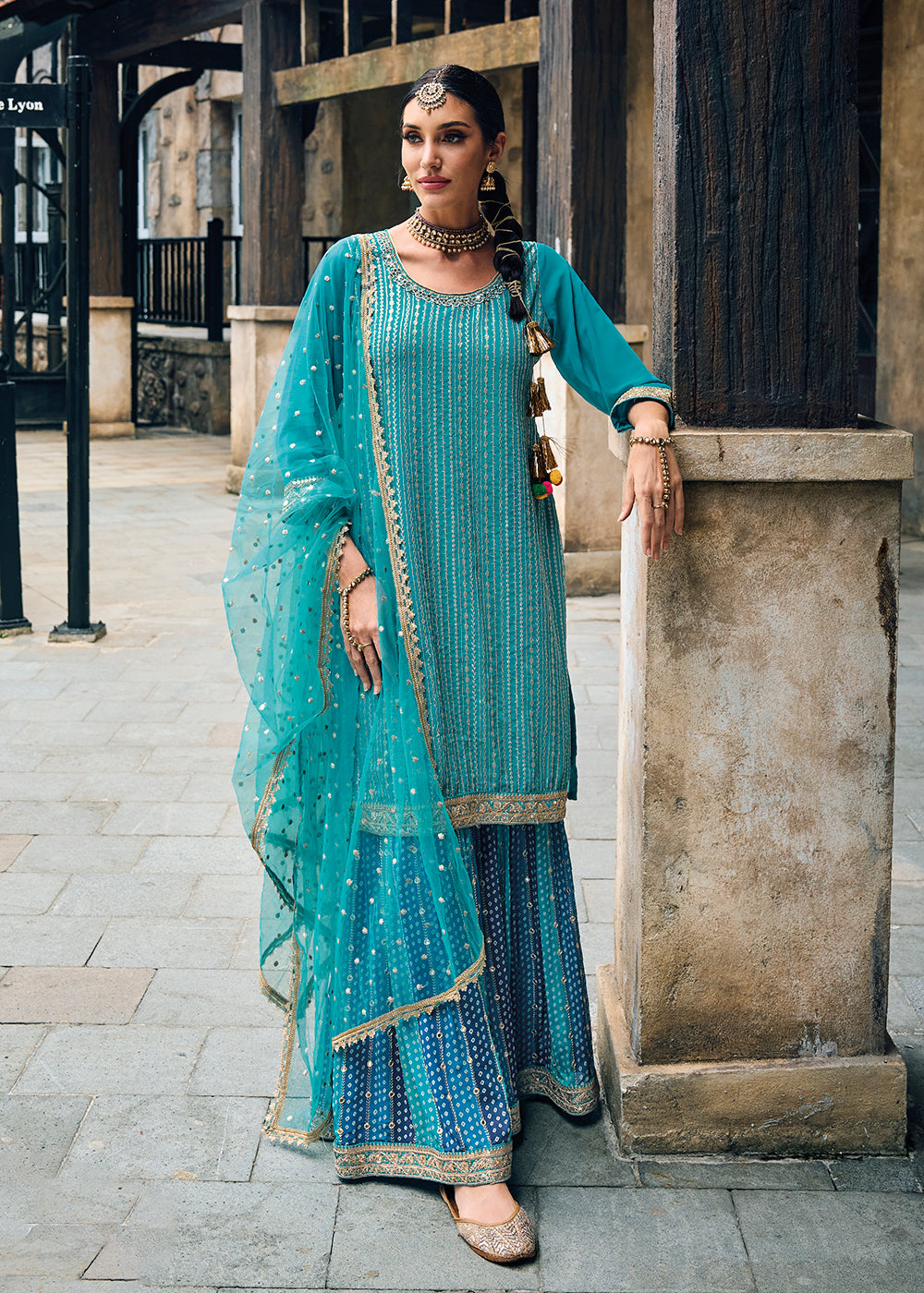 Buy Now Punjabi Style Turquoise Embroidered Designer Palazzo Suit Online in USA, UK, Canada, Germany, Australia & Worldwide at Empress Clothing.