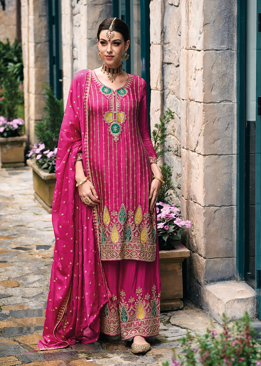Buy Now Trendy Heavy Chinnon Pink Embroidered Palazzo Suit Online in USA, UK, Canada, Germany, Australia & Worldwide at Empress Clothing.