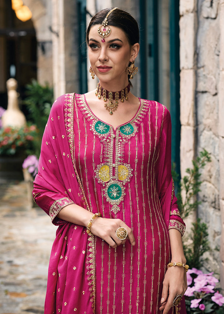 Buy Now Trendy Heavy Chinnon Pink Embroidered Palazzo Suit Online in USA, UK, Canada, Germany, Australia & Worldwide at Empress Clothing.