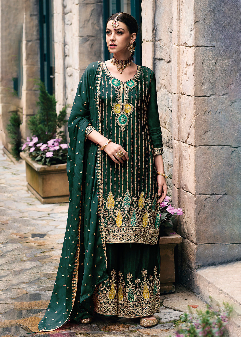Buy Now Trendy Heavy Chinnon Green Embroidered Palazzo Suit Online in USA, UK, Canada, Germany, Australia & Worldwide at Empress Clothing. 