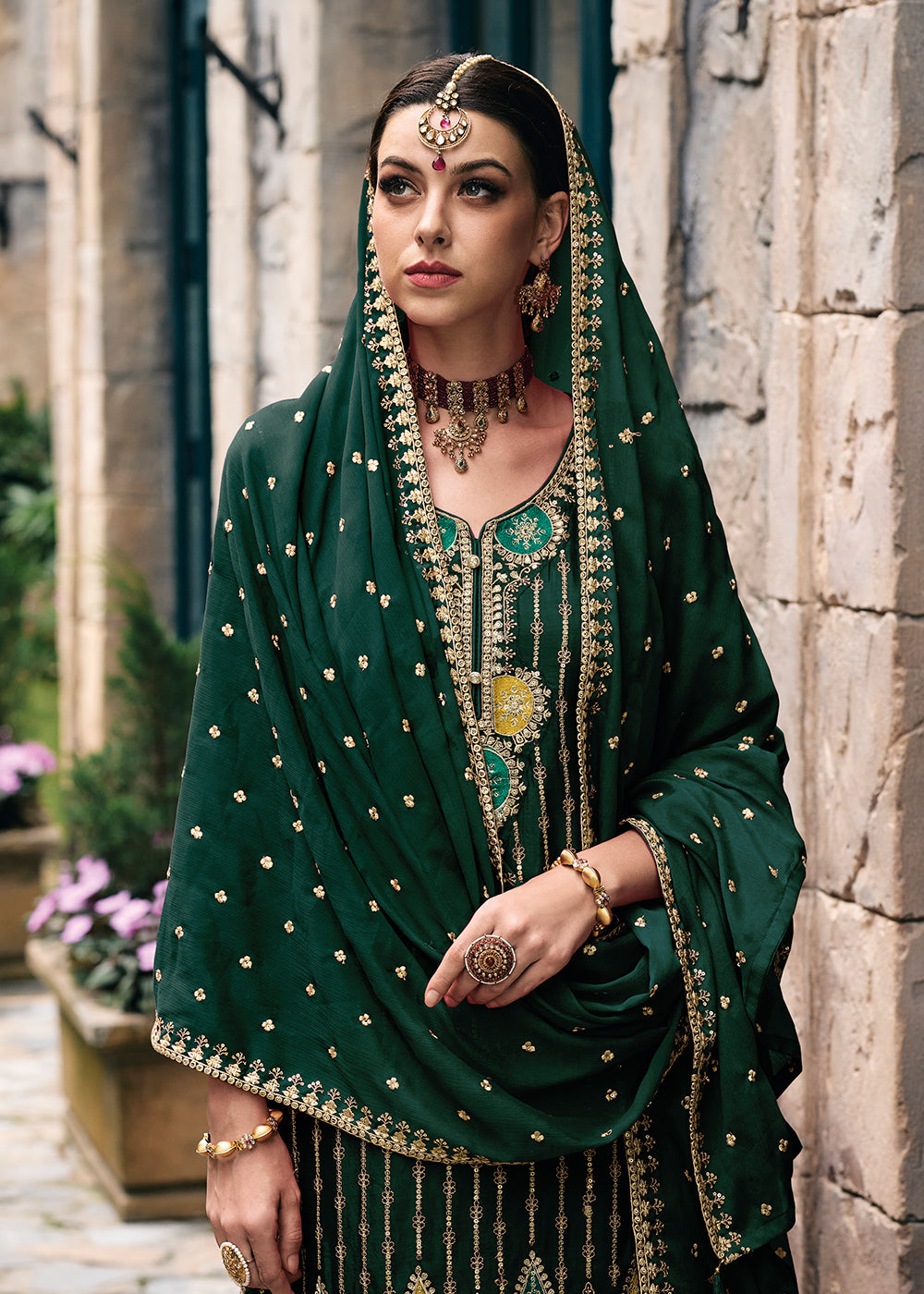 Buy Now Trendy Heavy Chinnon Green Embroidered Palazzo Suit Online in USA, UK, Canada, Germany, Australia & Worldwide at Empress Clothing. 