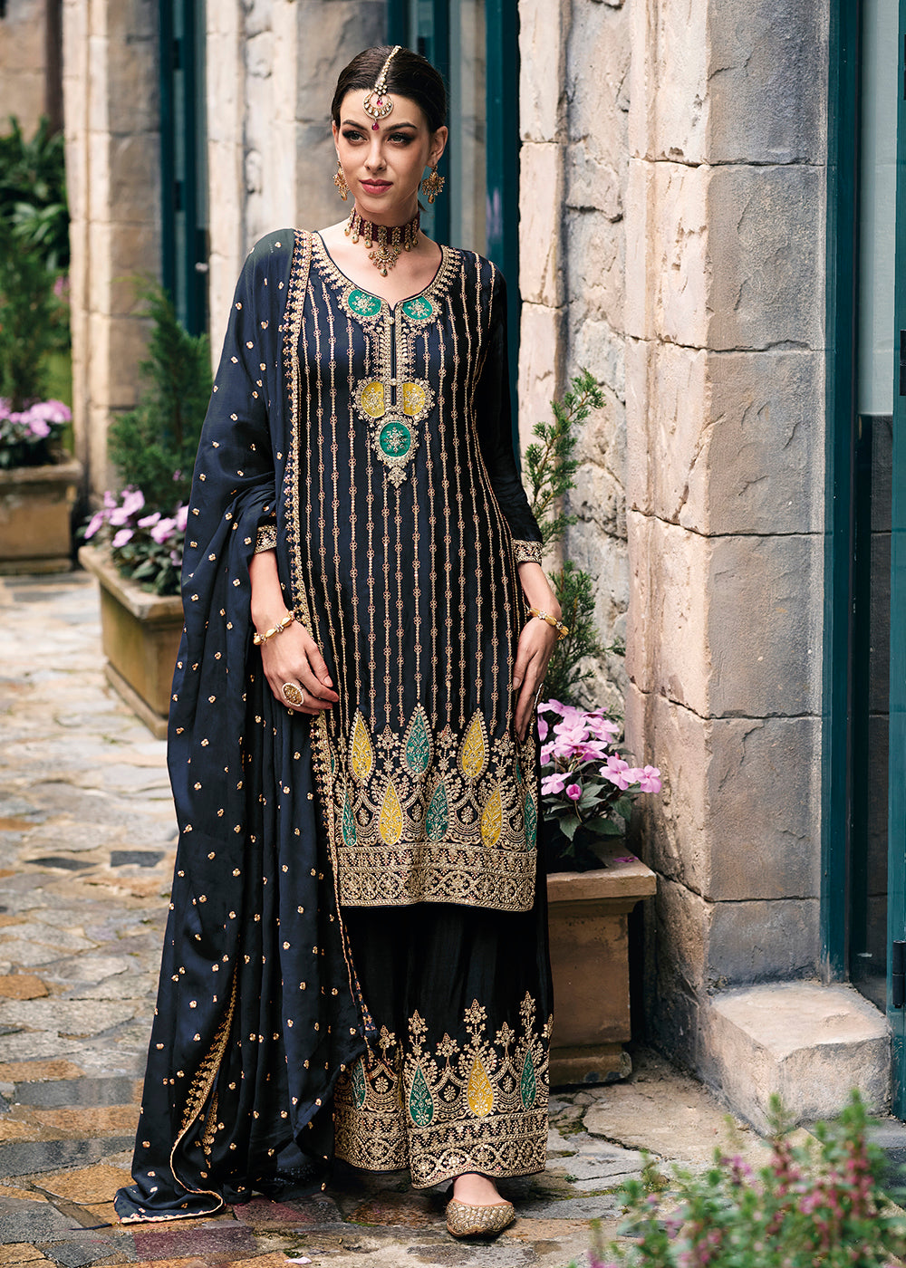 Buy Now Trendy Heavy Chinnon Blue Embroidered Palazzo Suit Online in USA, UK, Canada, Germany, Australia & Worldwide at Empress Clothing. 