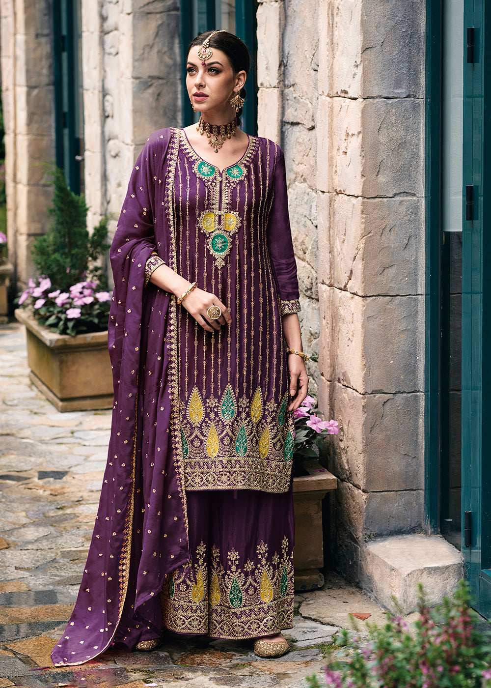 Buy Now Trendy Heavy Chinnon Purple Embroidered Palazzo Suit Online in USA, UK, Canada, Germany, Australia & Worldwide at Empress Clothing.