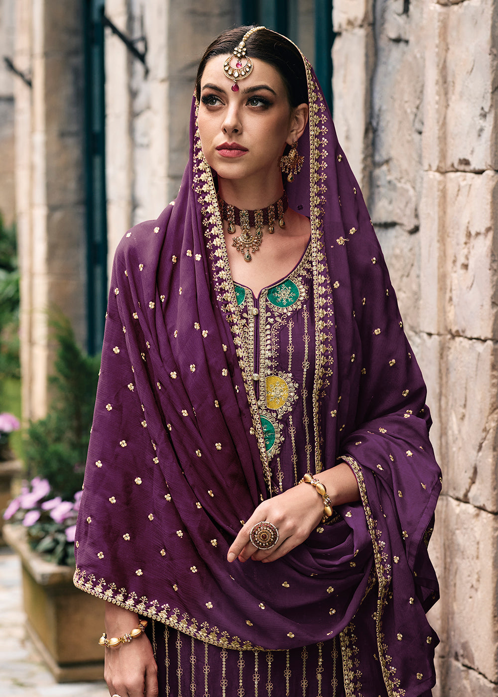 Buy Now Trendy Heavy Chinnon Purple Embroidered Palazzo Suit Online in USA, UK, Canada, Germany, Australia & Worldwide at Empress Clothing.