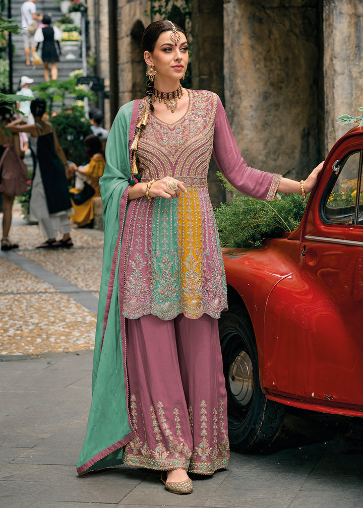 Buy Chinnon Pink Multicolor Embroidered Punjabi Style Palazzo Suit Online in USA, UK, Canada, Germany, Australia & Worldwide at Empress Clothing.