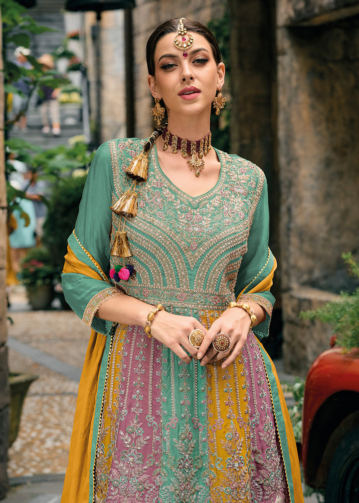 Buy Chinnon Sea Green Multicolor Embroidered Punjabi Style Palazzo Suit Online in USA, UK, Canada, Germany, Australia & Worldwide at Empress Clothing
