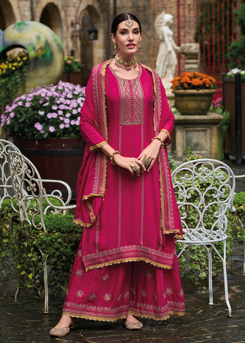 Buy Now Resham & Sequins Pink Chinnon Party Wear Palazzo Suit Online in USA, UK, Canada, Germany, Australia & Worldwide at Empress Clothing.