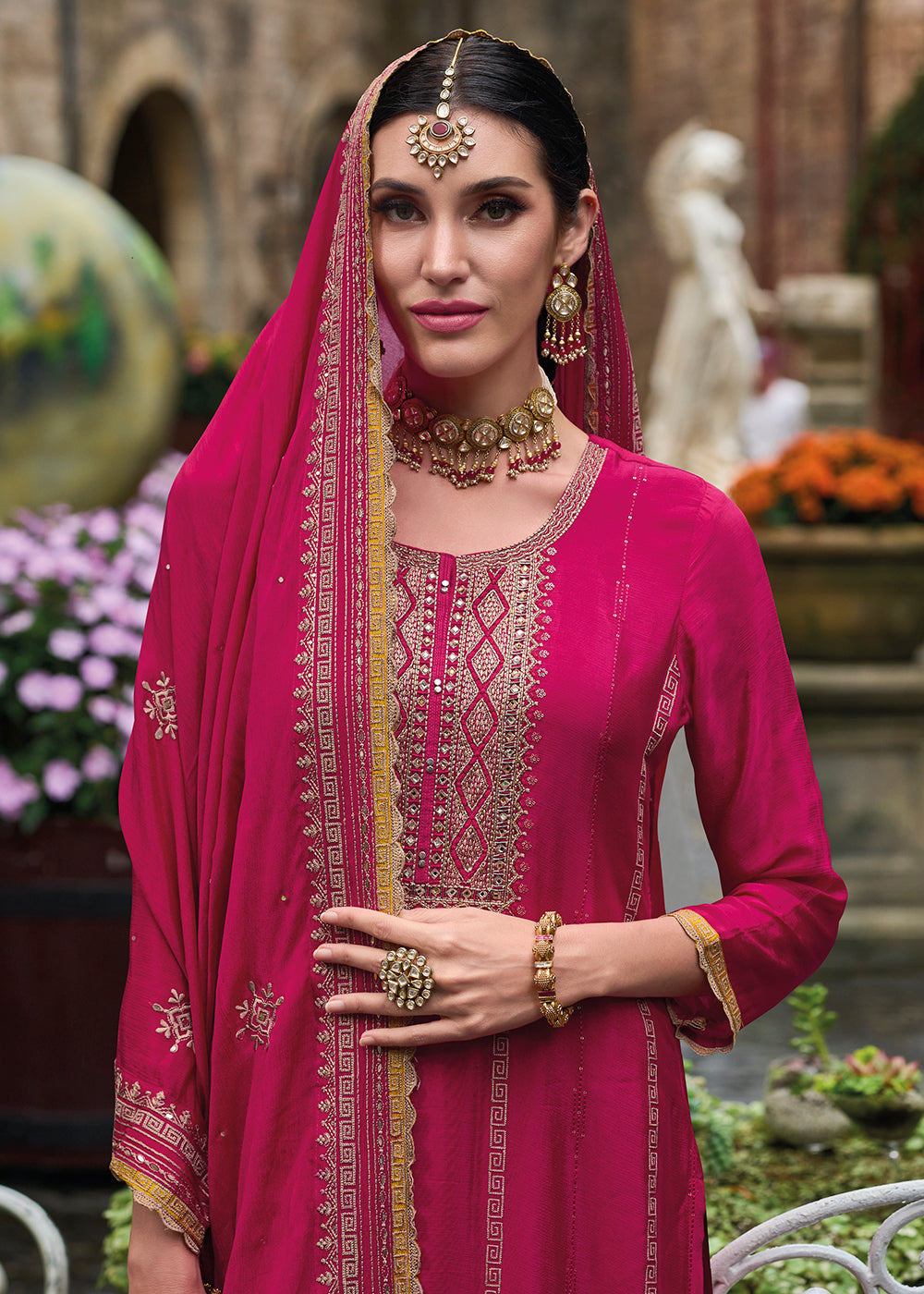 Buy Now Resham & Sequins Pink Chinnon Party Wear Palazzo Suit Online in USA, UK, Canada, Germany, Australia & Worldwide at Empress Clothing.