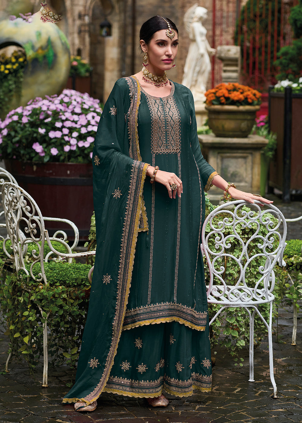 Buy Now Resham & Sequins Green Chinnon Party Wear Palazzo Suit Online in USA, UK, Canada, Germany, Australia & Worldwide at Empress Clothing.