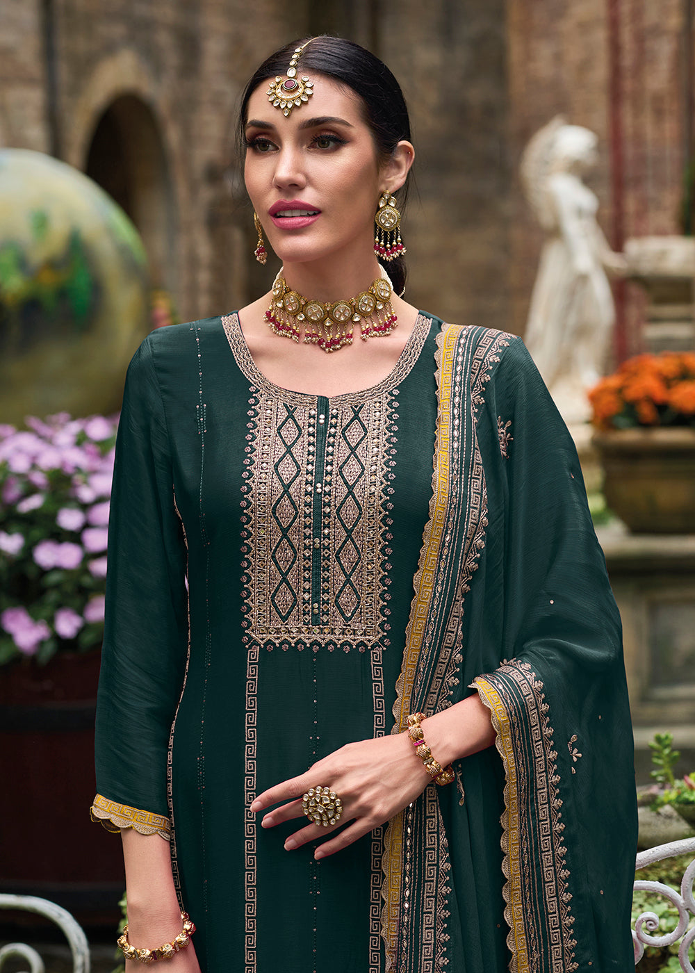 Buy Now Resham & Sequins Green Chinnon Party Wear Palazzo Suit Online in USA, UK, Canada, Germany, Australia & Worldwide at Empress Clothing.