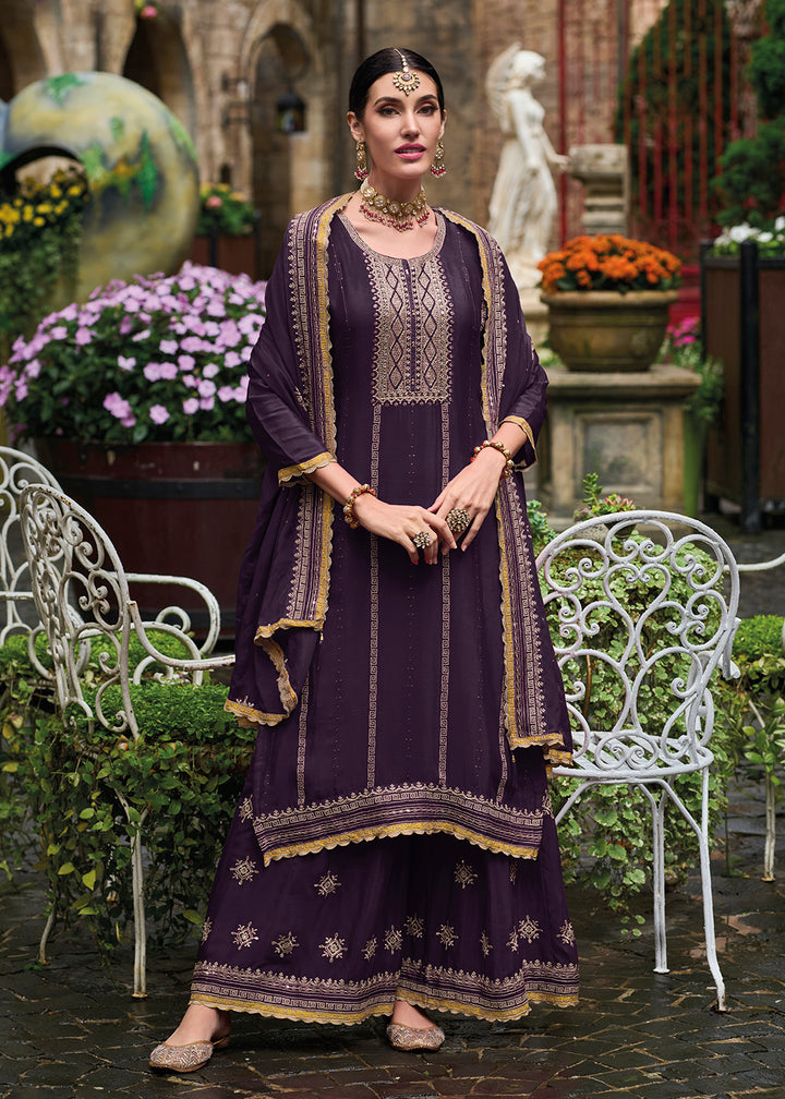 Buy Now Resham & Sequins Purple Chinnon Party Wear Palazzo Suit Online in USA, UK, Canada, Germany, Australia & Worldwide at Empress Clothing. 