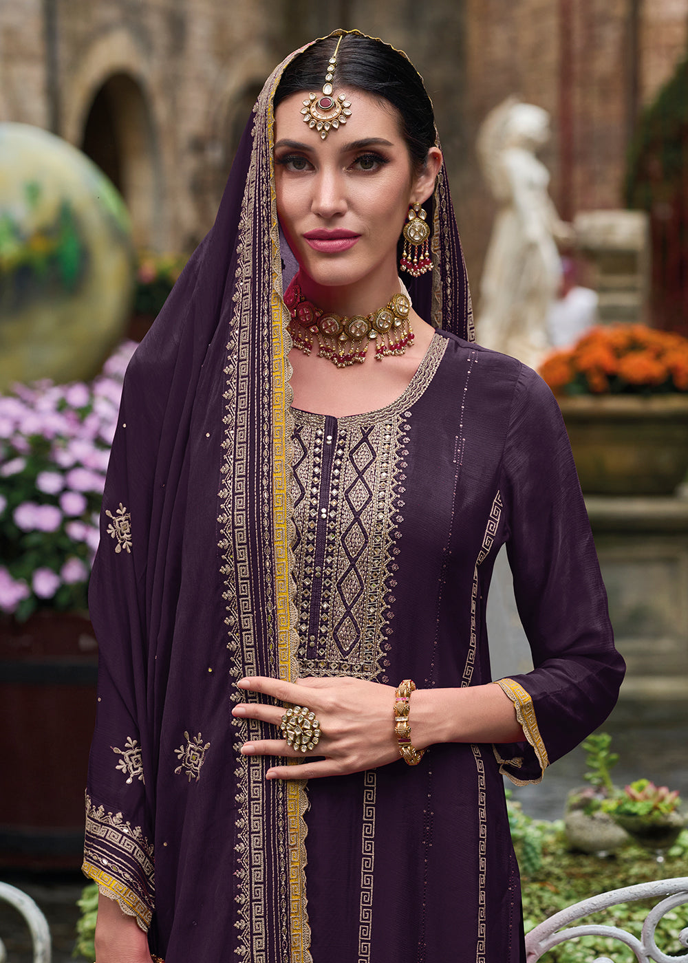 Buy Now Resham & Sequins Purple Chinnon Party Wear Palazzo Suit Online in USA, UK, Canada, Germany, Australia & Worldwide at Empress Clothing. 