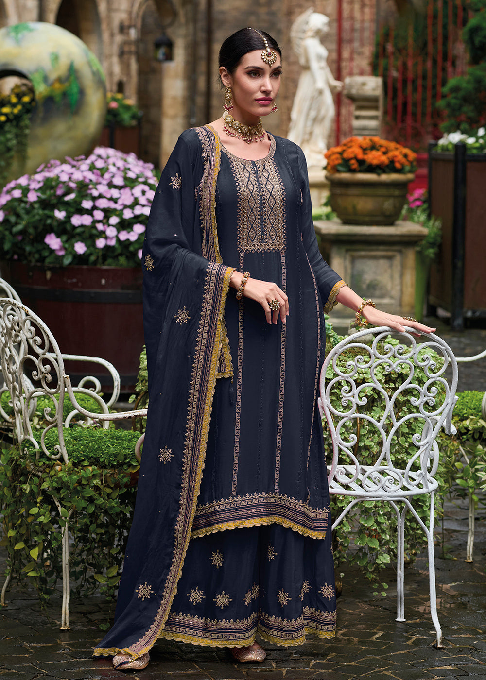 Buy Now Resham & Sequins Blue Chinnon Party Wear Palazzo Suit Online in USA, UK, Canada, Germany, Australia & Worldwide at Empress Clothing.