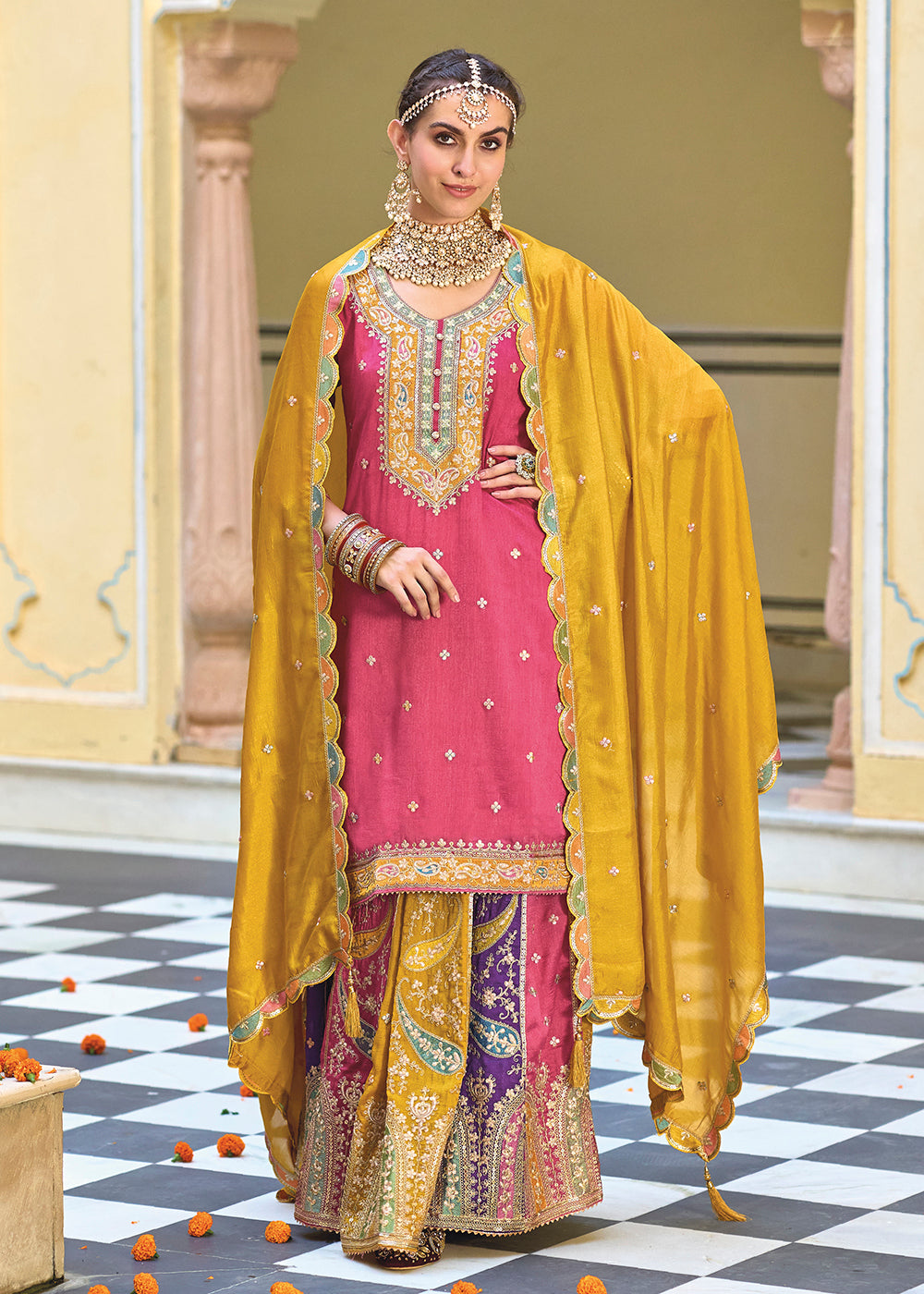 Buy Now Multicolor Pink Premium Silk Kurti Style Lehenga Suit Set Online in USA, UK, Canada & Worldwide at Empress Clothing.