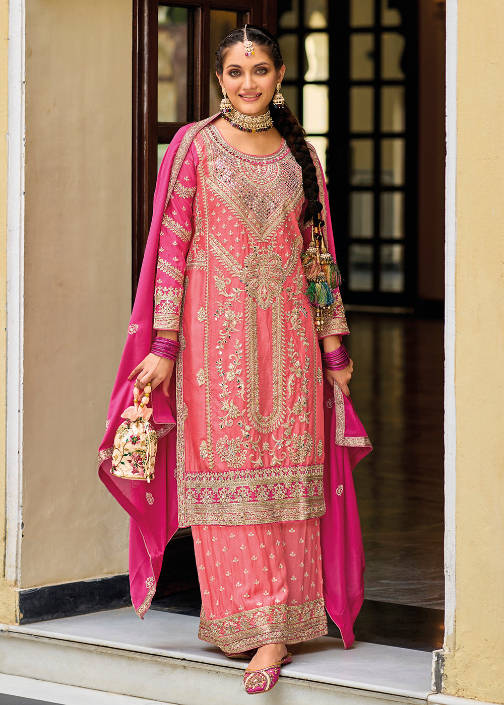 Buy Now Palazzo Style Chinnon Pink Embroidered Festive Suit Online in USA, UK, Canada, Germany, Australia & Worldwide at Empress Clothing. 
