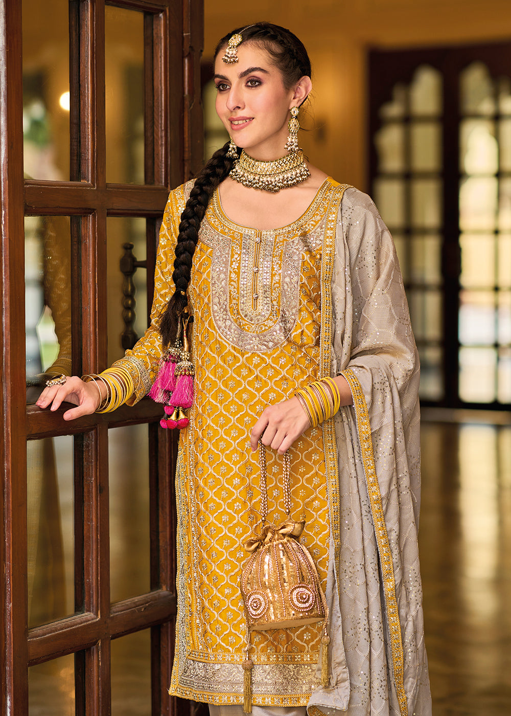 Buy Now Palazzo Style Chinnon Mustard Embroidered Festive Suit Online in USA, UK, Canada, Germany, Australia & Worldwide at Empress Clothing. 