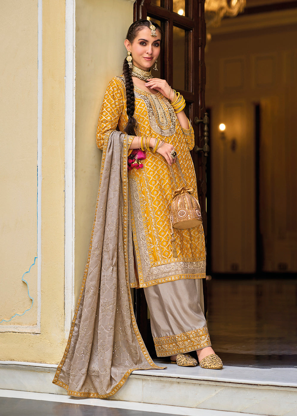 Buy Now Palazzo Style Chinnon Mustard Embroidered Festive Suit Online in USA, UK, Canada, Germany, Australia & Worldwide at Empress Clothing. 