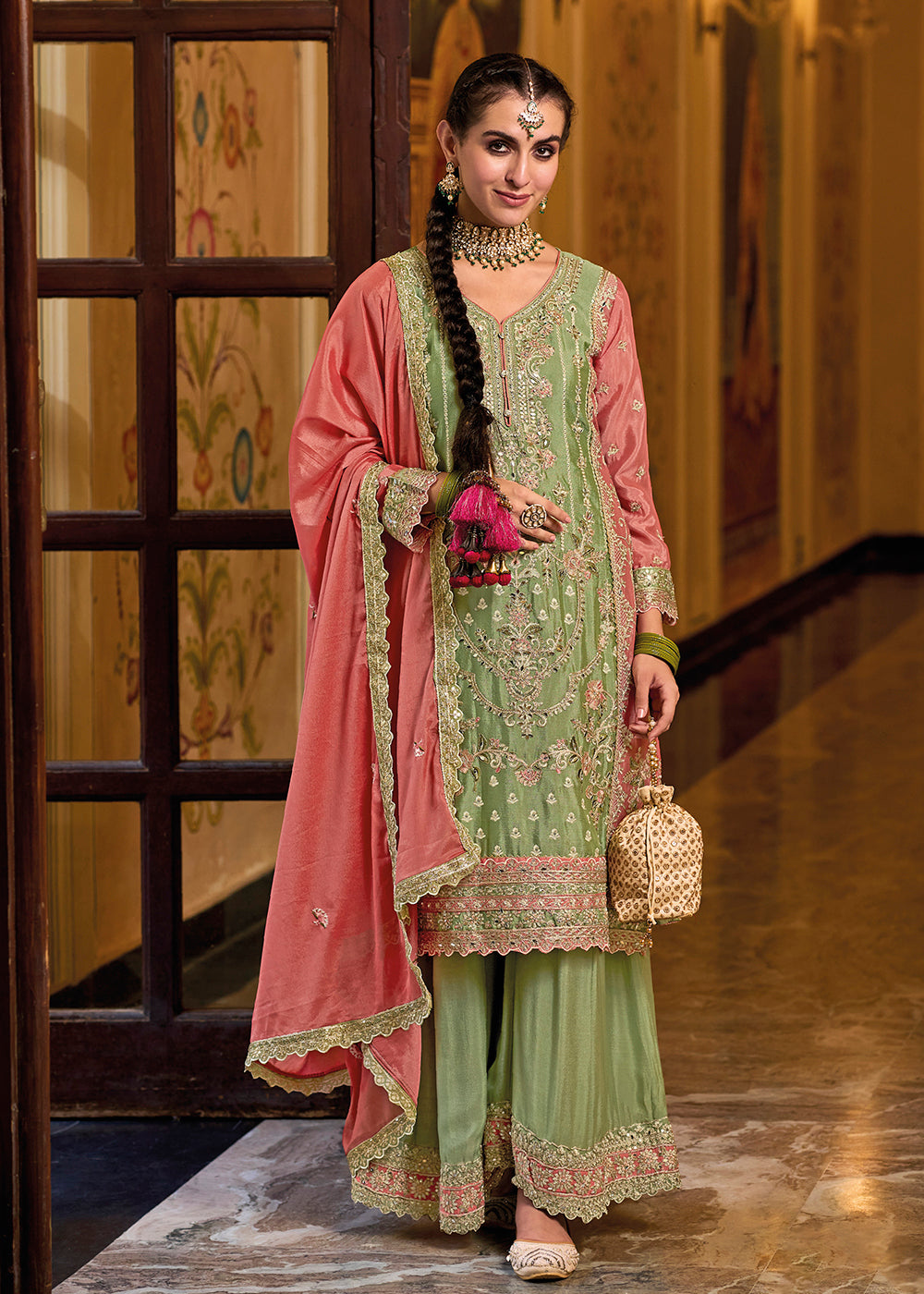 Buy Now Palazzo Style Chinnon Green Embroidered Festive Suit Online in USA, UK, Canada, Germany, Australia & Worldwide at Empress Clothing. 