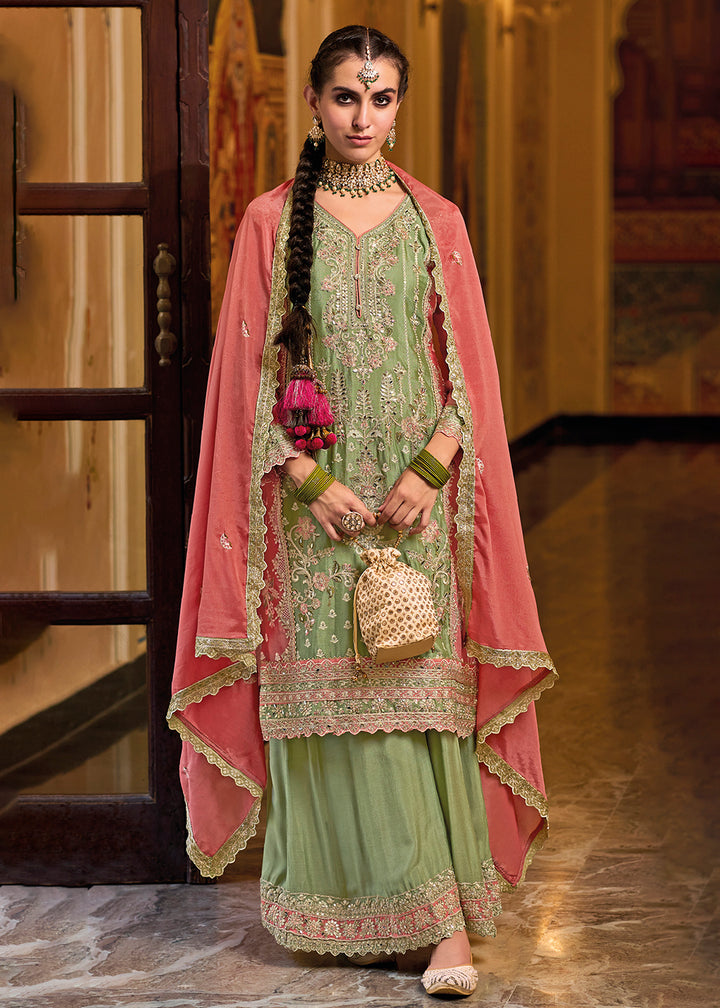 Buy Now Palazzo Style Chinnon Green Embroidered Festive Suit Online in USA, UK, Canada, Germany, Australia & Worldwide at Empress Clothing. 