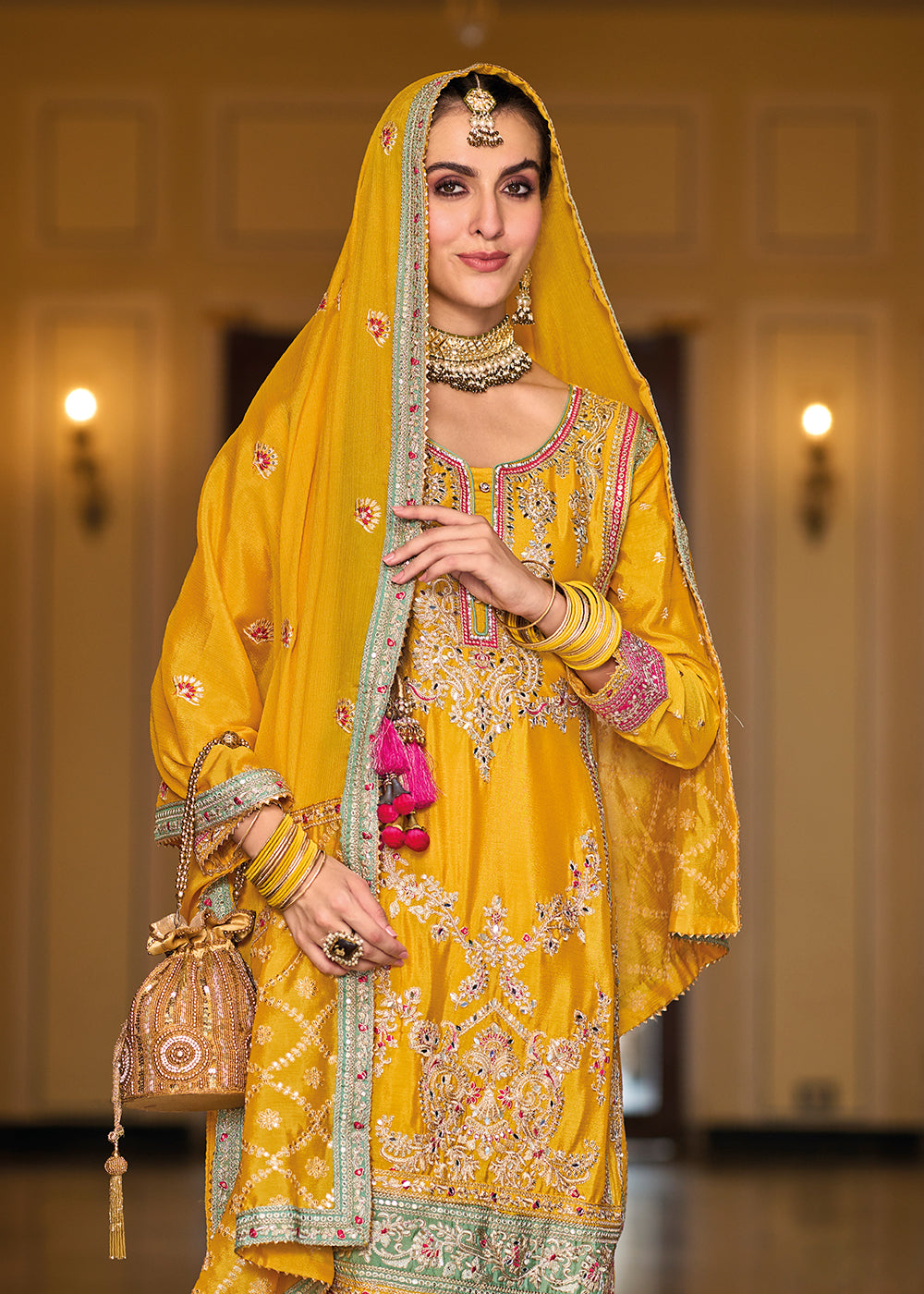 Buy Now Palazzo Style Chinnon Yellow Embroidered Festive Suit Online in USA, UK, Canada, Germany, Australia & Worldwide at Empress Clothing. 