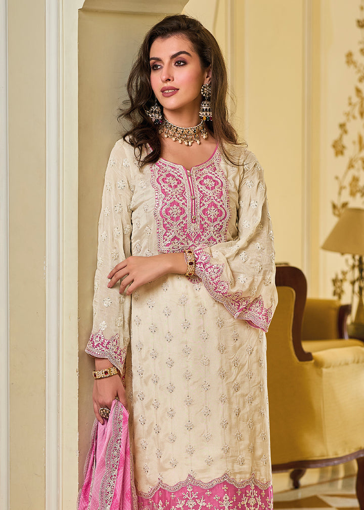 Buy Now Off White & Pink Palazzo Style Chinnon Salwar Suit Online in USA, UK, Canada, Germany, Australia & Worldwide at Empress Clothing.
