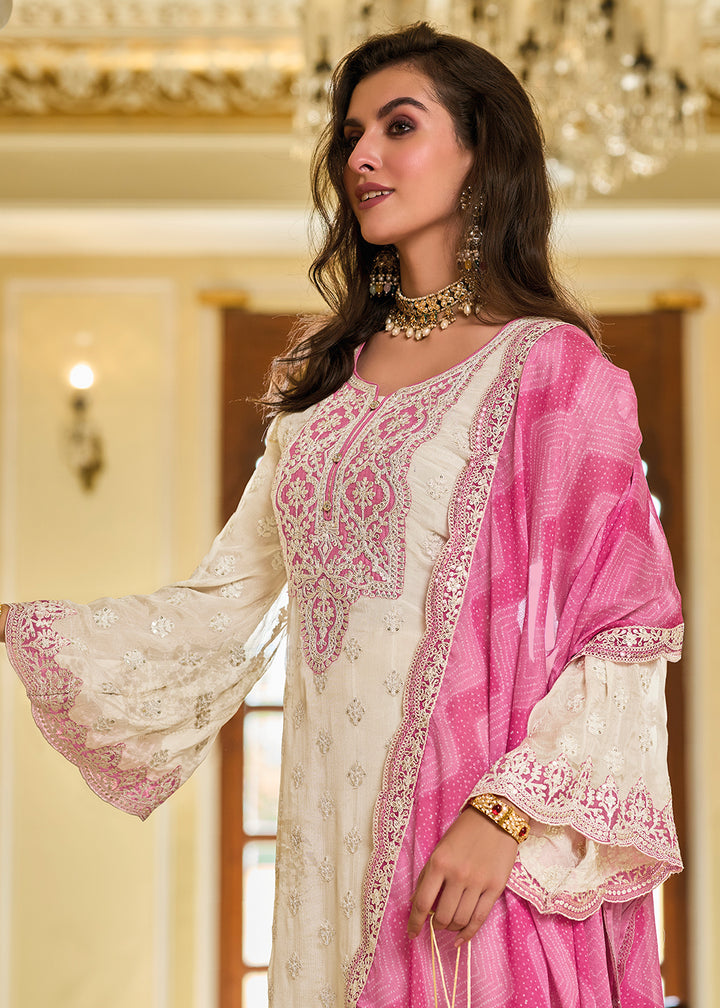 Buy Now Off White & Pink Palazzo Style Chinnon Salwar Suit Online in USA, UK, Canada, Germany, Australia & Worldwide at Empress Clothing.