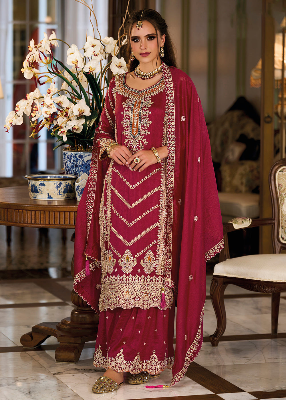 Shop Now Premium Silk Hot Pink Embroidered Wedding Sharara Suit Online at Empress Clothing in USA, UK, Canada, Italy & Worldwide.