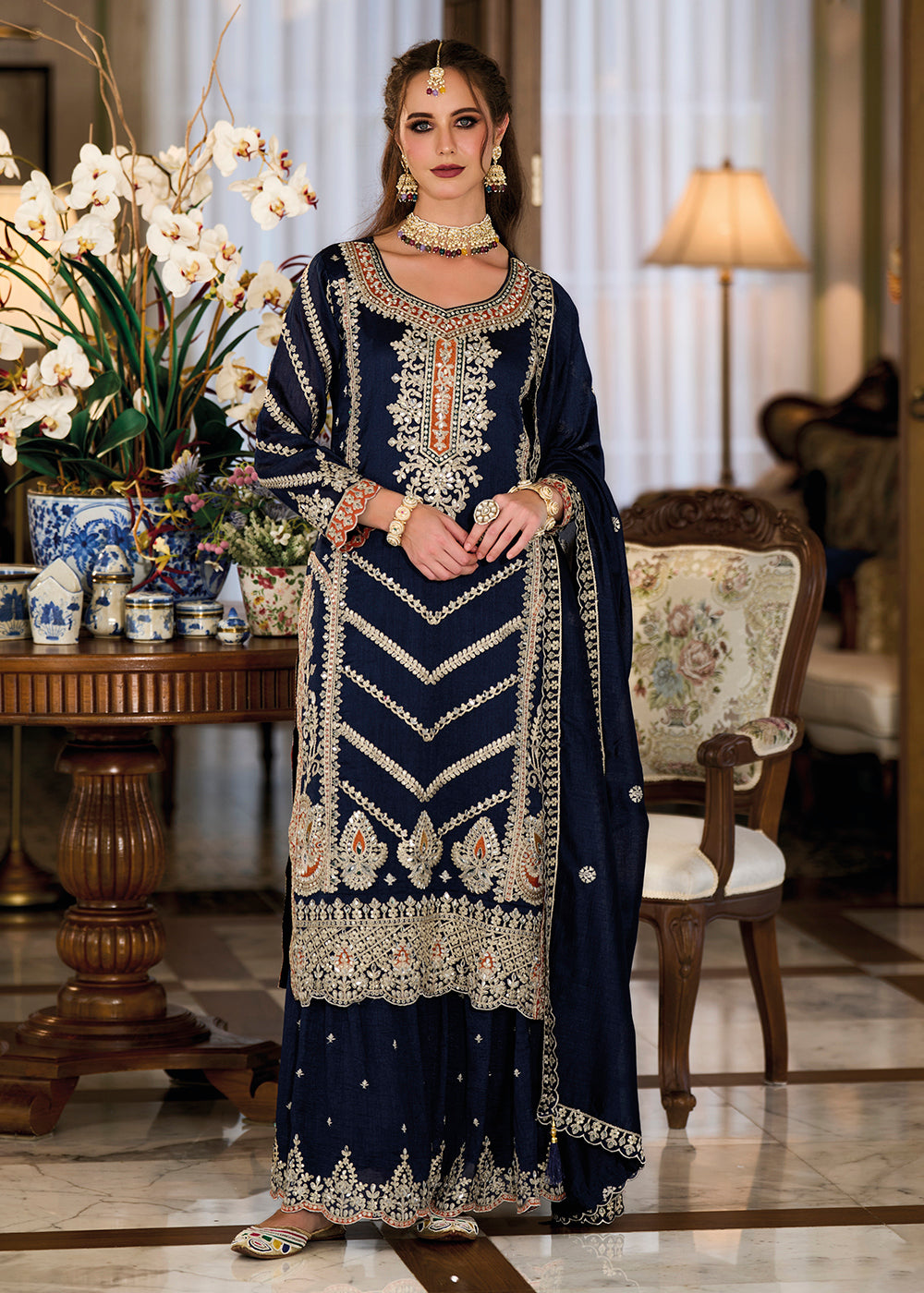 Shop Now Premium Silk Navy Blue Embroidered Wedding Sharara Suit Online at Empress Clothing in USA, UK, Canada, Italy & Worldwide.