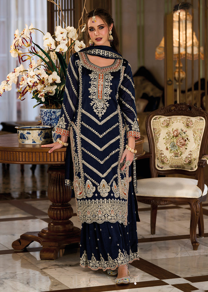 Shop Now Premium Silk Navy Blue Embroidered Wedding Sharara Suit Online at Empress Clothing in USA, UK, Canada, Italy & Worldwide.