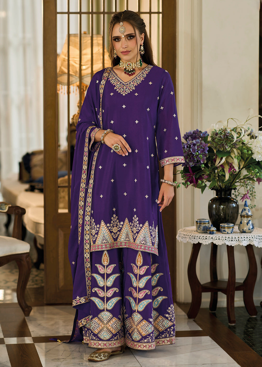 Buy Now Heavy Chinnon Purple Embroidered Festive Palazzo Suit Online in USA, UK, Canada, Germany, Australia & Worldwide at Empress Clothing.