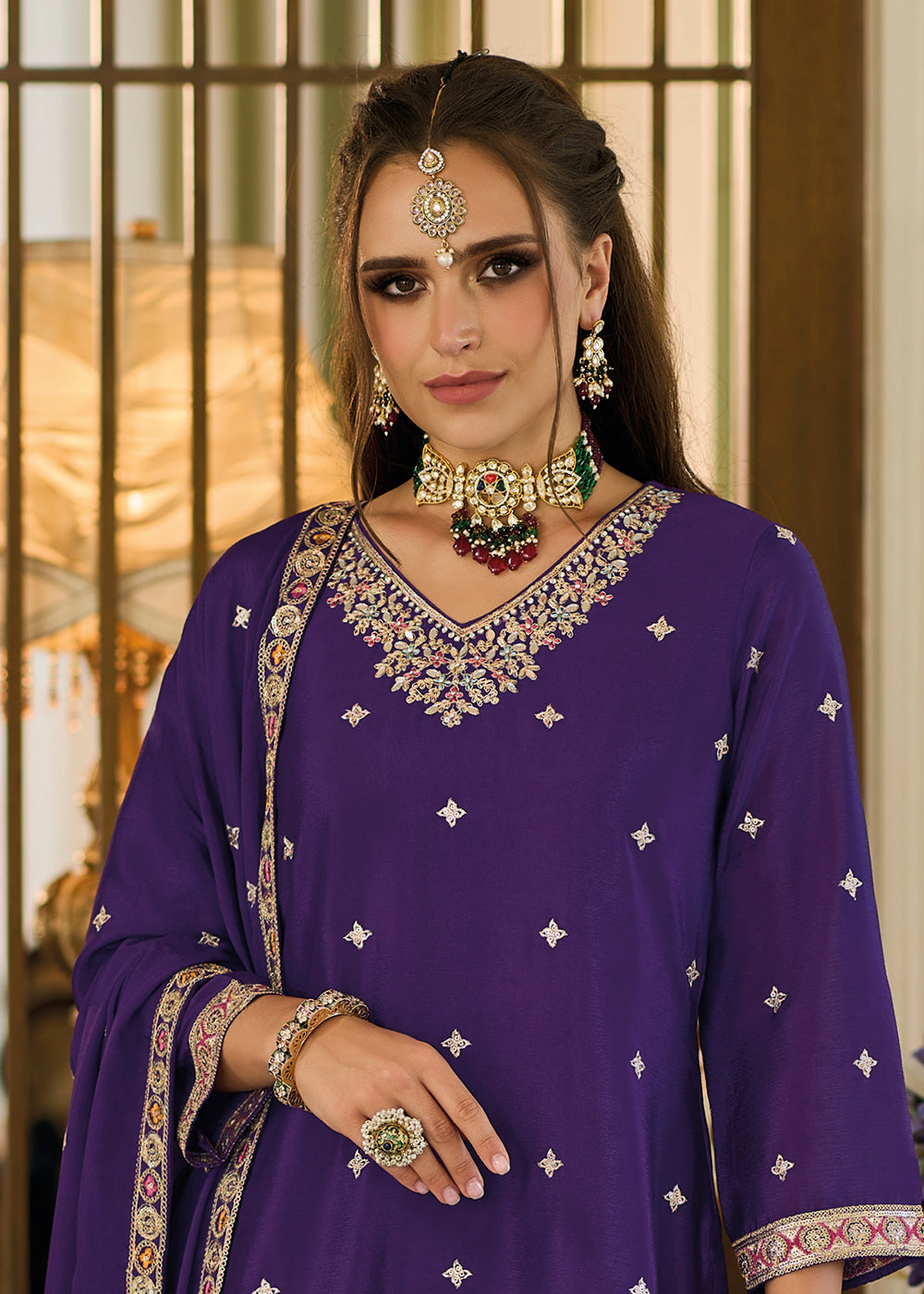 Buy Now Heavy Chinnon Purple Embroidered Festive Palazzo Suit Online in USA, UK, Canada, Germany, Australia & Worldwide at Empress Clothing.