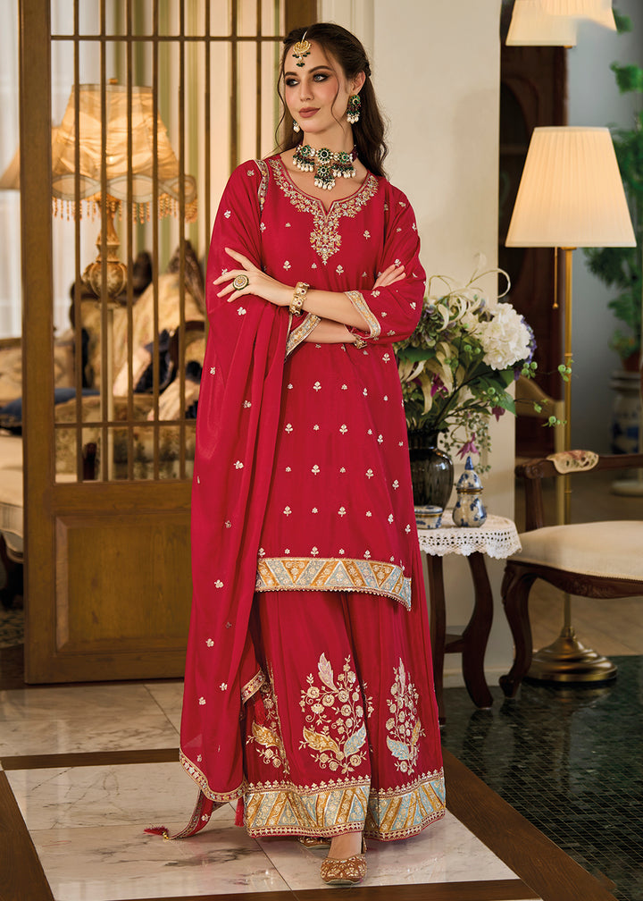 Buy Now Heavy Chinnon Red Embroidered Festive Palazzo Suit Online in USA, UK, Canada, Germany, Australia & Worldwide at Empress Clothing. 