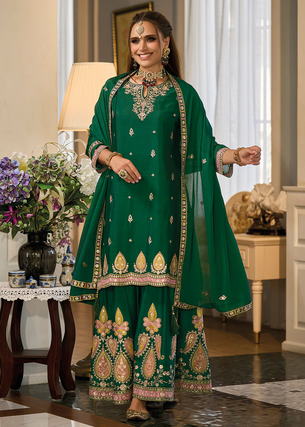 Buy Now Heavy Chinnon Green Embroidered Festive Palazzo Suit Online in USA, UK, Canada, Germany, Australia & Worldwide at Empress Clothing. 