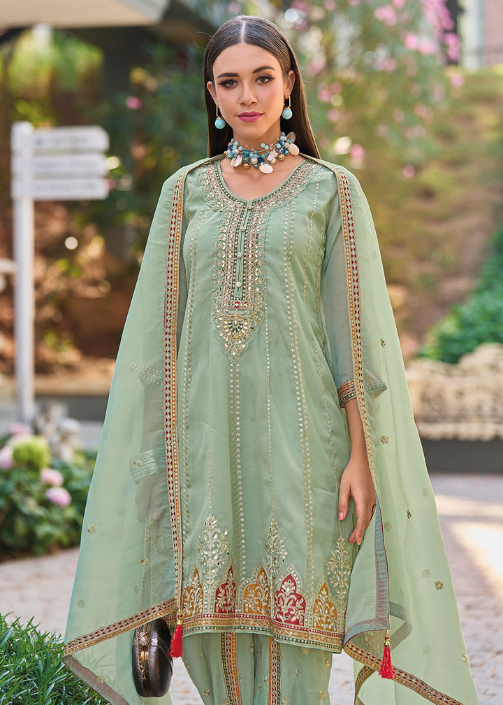 Buy Now Green Dhoti Style Embroidered Organza Punjabi Style Suit Online in USA, UK, Canada, Germany, Australia & Worldwide at Empress Clothing.