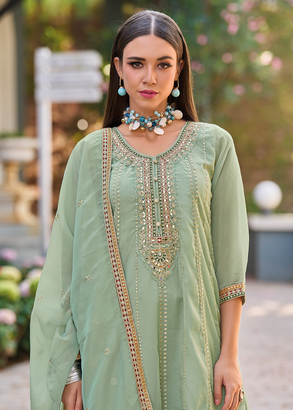 Green Dhoti Style Embroidered Organza Punjabi Style Suit Green Dhoti Style Embroidered Organza Punjabi Style Suit