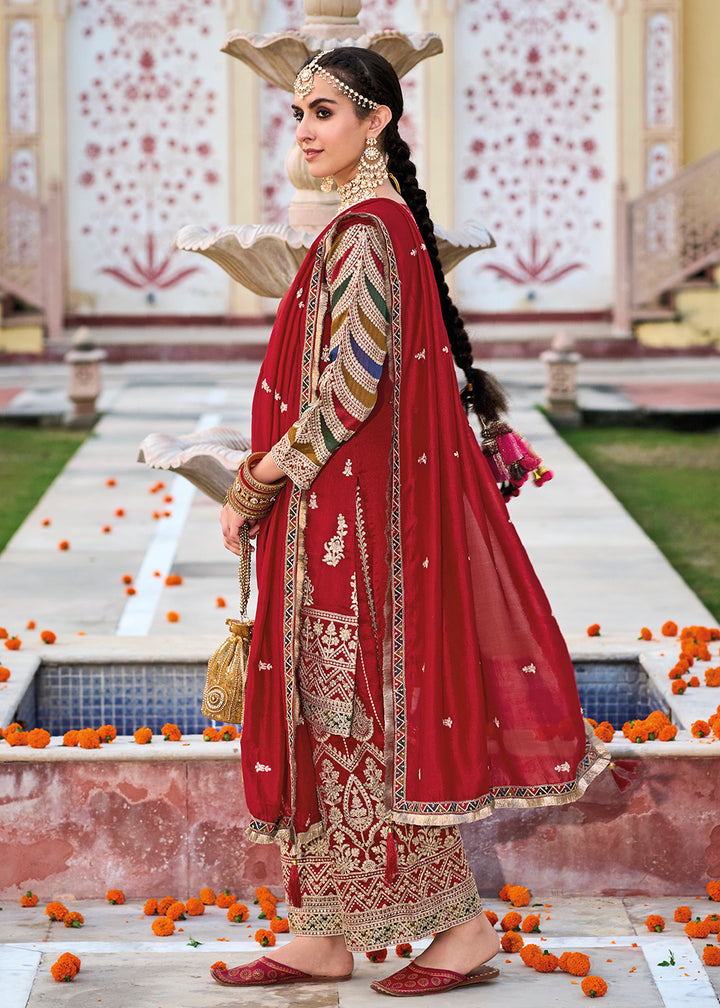 Buy Now Red Premium Silk Embroidered Festive Ready Palazzo Suit Online in USA, UK, Canada, Germany, Australia & Worldwide at Empress Clothing. 