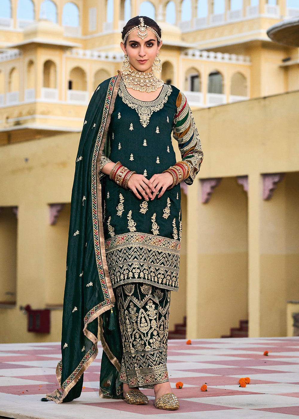 Buy Now Green Premium Silk Embroidered Festive Ready Palazzo Suit Online in USA, UK, Canada, Germany, Australia & Worldwide at Empress Clothing. 