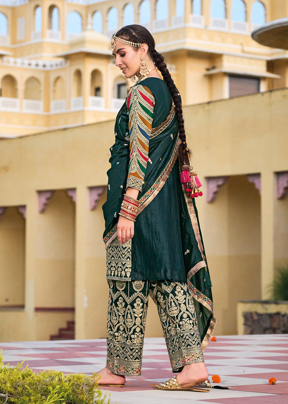 Buy Now Green Premium Silk Embroidered Festive Ready Palazzo Suit Online in USA, UK, Canada, Germany, Australia & Worldwide at Empress Clothing. 