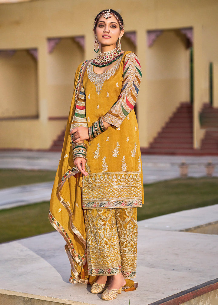 Buy Now Mustard Premium Silk Embroidered Festive Ready Palazzo Suit Online in USA, UK, Canada, Germany, Australia & Worldwide at Empress Clothing.