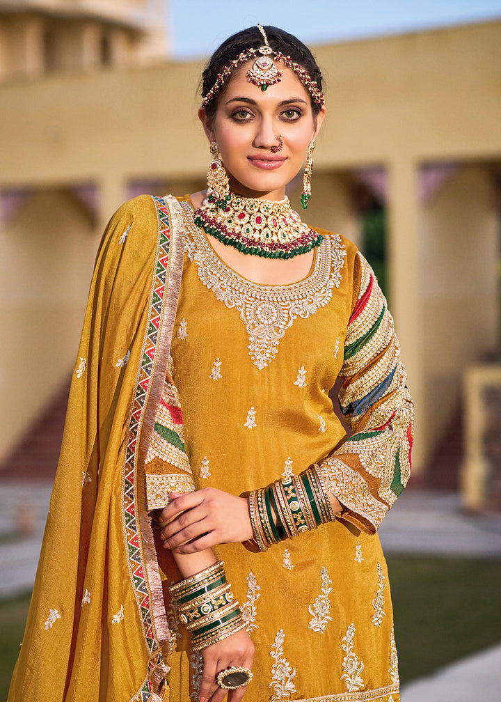 Buy Now Mustard Premium Silk Embroidered Festive Ready Palazzo Suit Online in USA, UK, Canada, Germany, Australia & Worldwide at Empress Clothing.