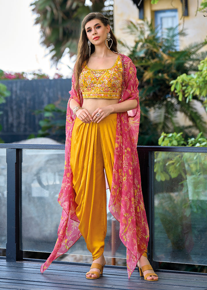 Buy Now Orange Satin Silk Embroidered Dhoti Style Crop Top Suit Online in USA, UK, Canada, Germany, Australia & Worldwide at Empress Clothing.